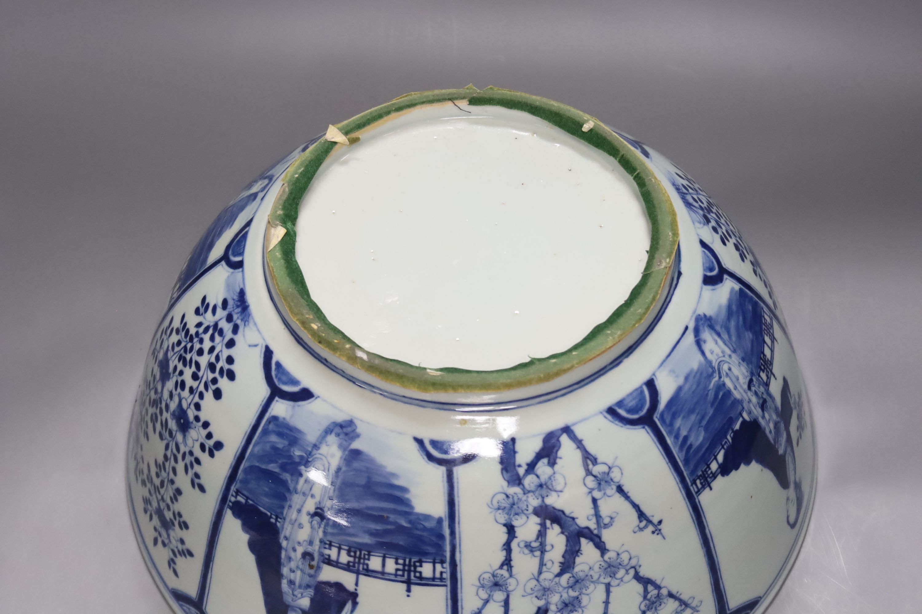 A 19th century Chinese blue and white punch bowl, diameter 36cm (restored)